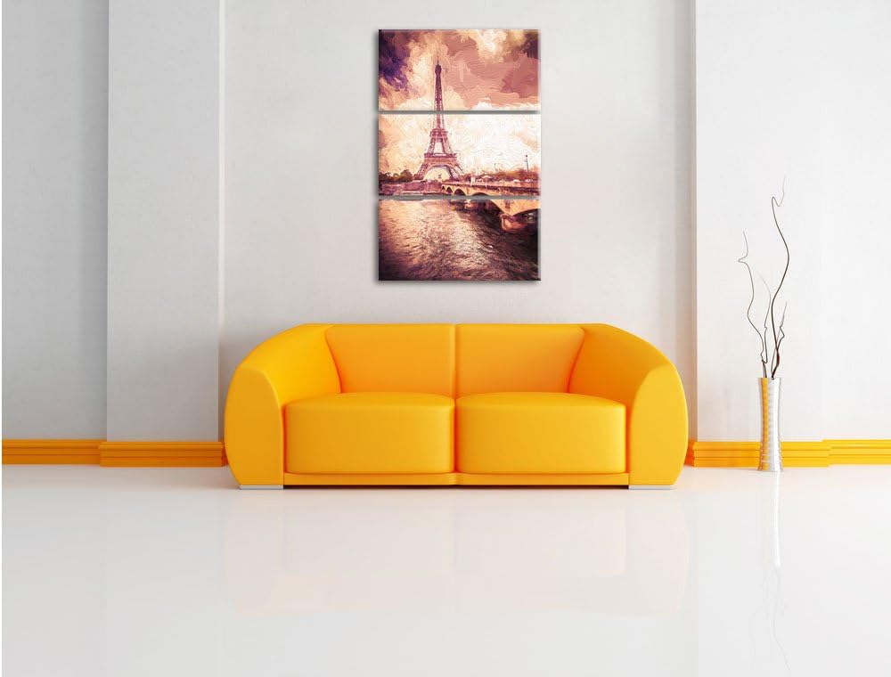 Pixxprint Eiffelturm in Paris Kunst / 3-Teilig/Gesamtmass 120cm Leinwandbild bespannt auf Holzrahmen