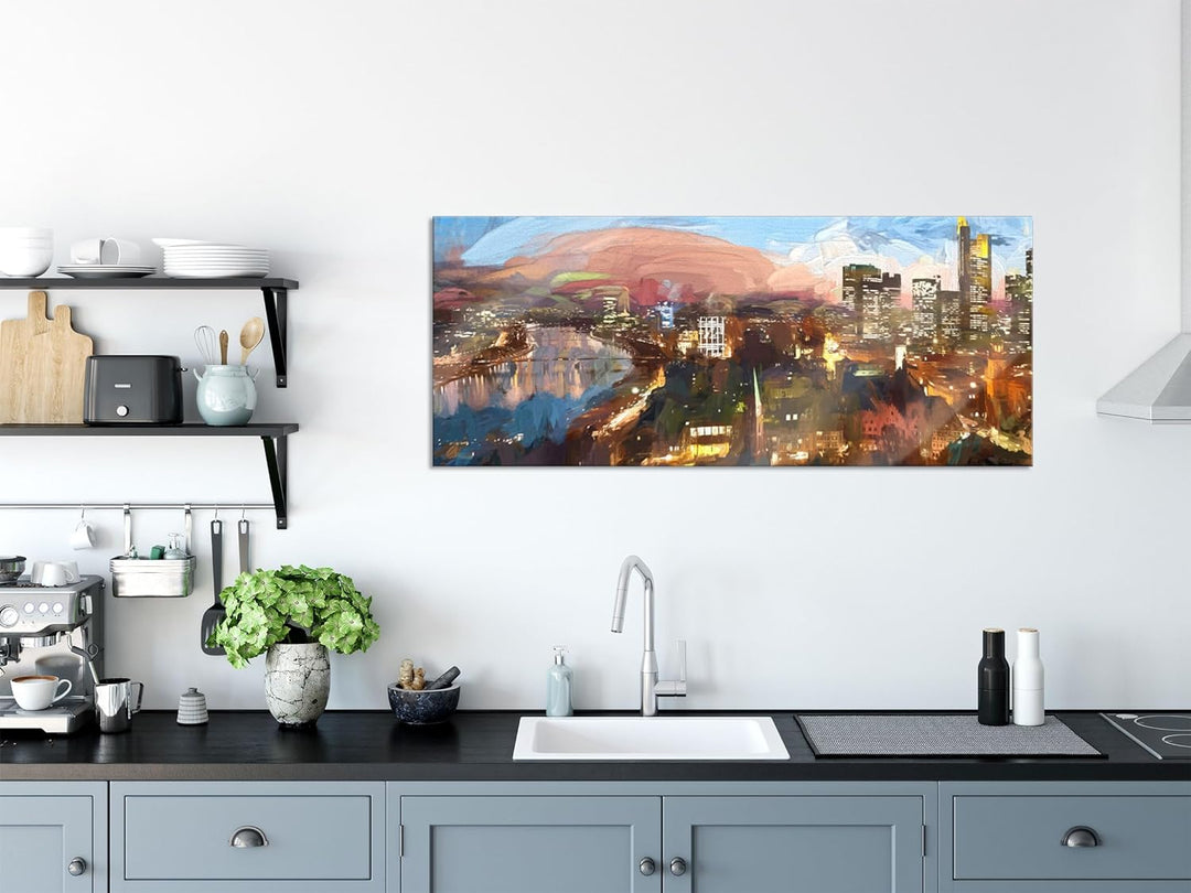 Glasbild Panorama | Wandbild aus Echtglas | Frankfurt am Main Skyline | 100x40 cm | inkl. Aufhängung