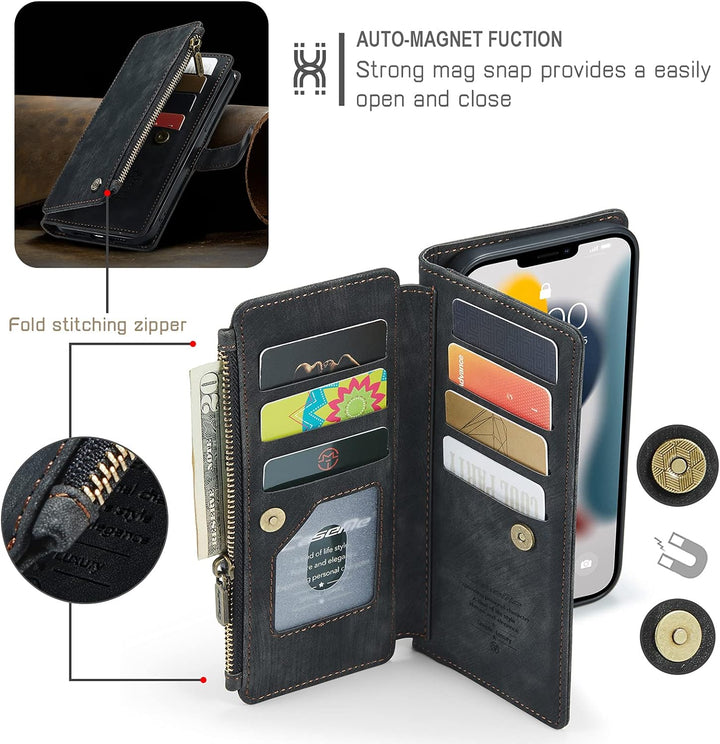QLTYPRI Handyhülle für iPhone 13 Pro, Reissverschluss Hülle PU Leder Klapphülle Kartenfach Geldbörse