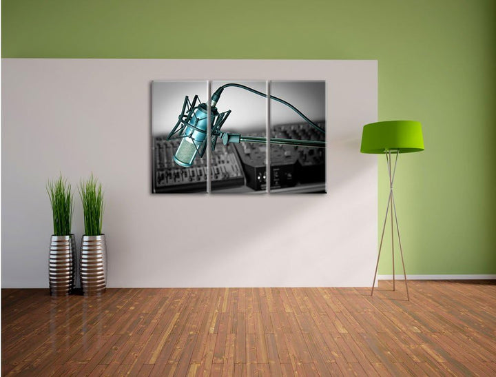 Pixxprint Mikrofon mit Musikanlagen als Leinwandbild/Grösse: 3 Teilig (120x80 cm) cm/Wandbild/Kunstd