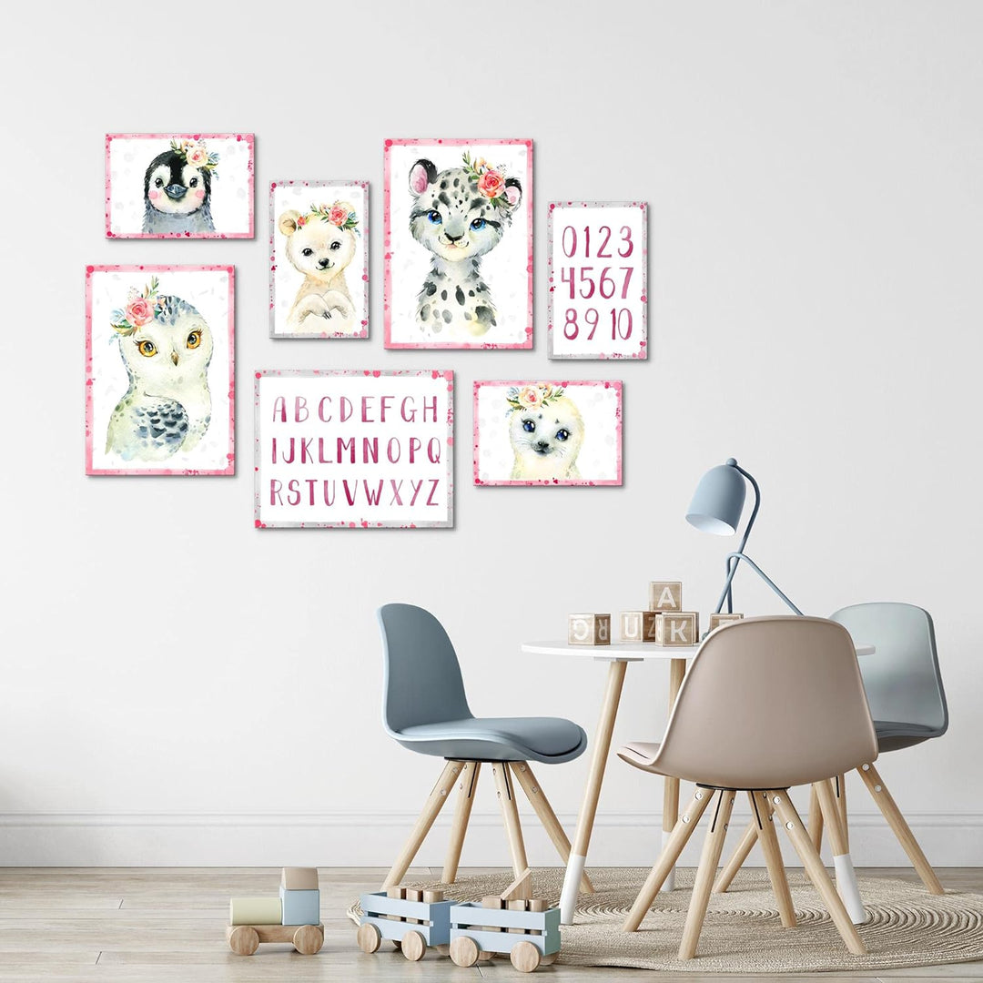 Novart Wandbilder Tiere - KOMPLETT AUFHÄNGFERTIG - Rosa Kinderzimmer Mädchen- 7 Moderne Mood-Bilder