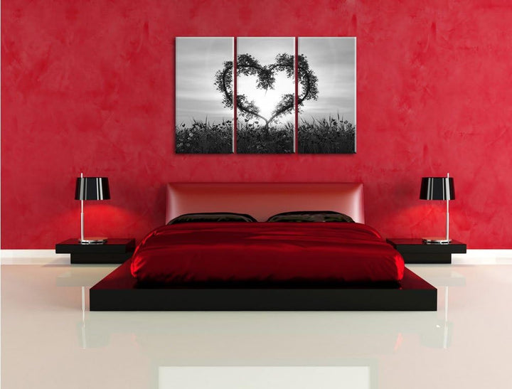 Pixxprint Herz aus Bambus Kunst B&W / 3-Teilig/Gesamtmass 120cm Leinwandbild bespannt auf Holzrahmen