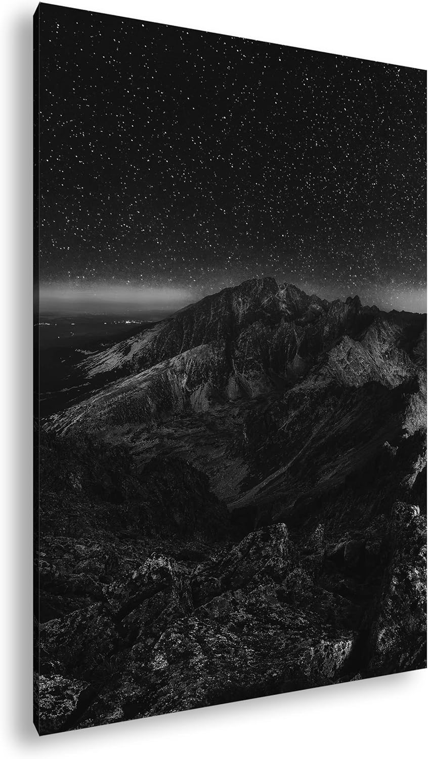 scheinende Nacht über den Bergen Effekt: Schwarz&Weiss, Format: 80x60 als Leinwandbild, Motiv fertig