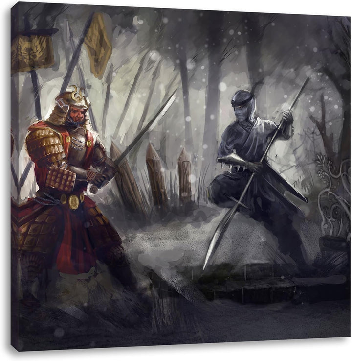 Pixxprint Kampf zwischen Samurai und Ninja als Leinwandbild/Grösse: 70x70 cm/Wandbild/Kunstdruck/fer