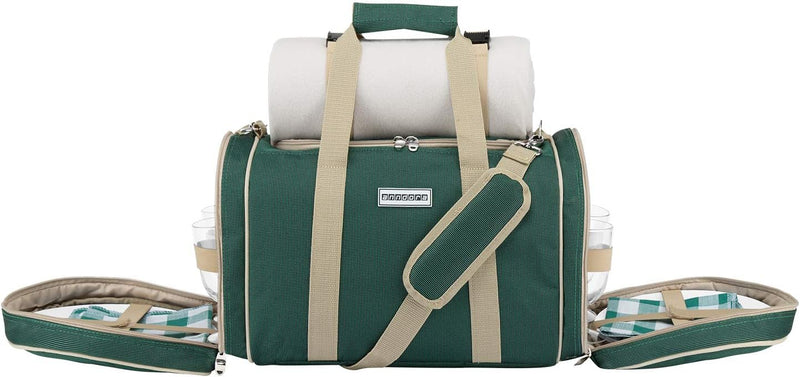 anndora Picknick Kühltasche inkl. Picknick Decke Geschirr Besteck für 4 Personen dunkelgrün beige 33