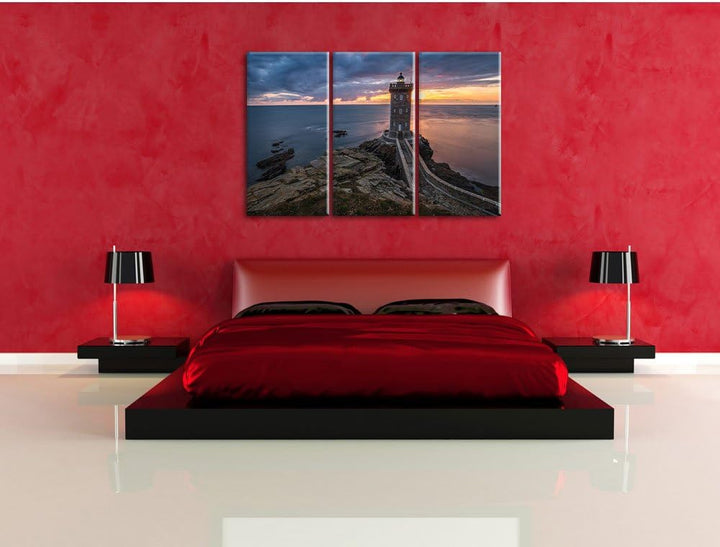 Pixxprint Leuchtturm im Sonnenuntergang / 3-Teilig/Gesamtmass 120cm Leinwandbild bespannt auf Holzra