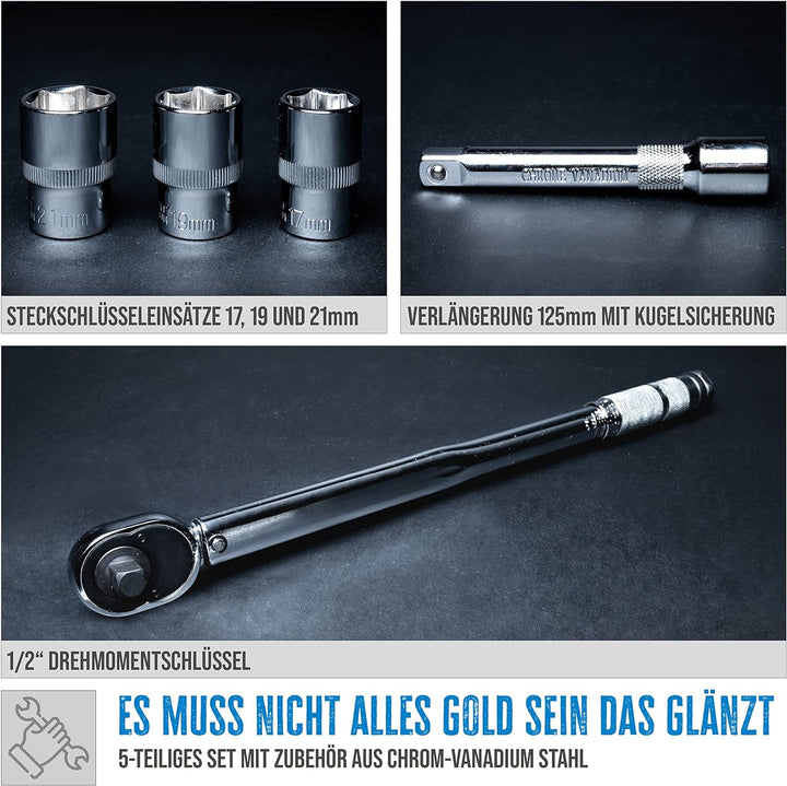 Güde Drehmomentschlüssel-Set (5-teilig), 1/2" mit 3 Steckschlüsseleinsätzen und Verlängerung, Einste