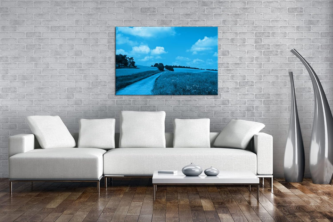 deyoli Feldweg im Sommer Format 80x60 Effekt: Monocrome Blau als Leinwandbild, Motiv fertig gerahmt
