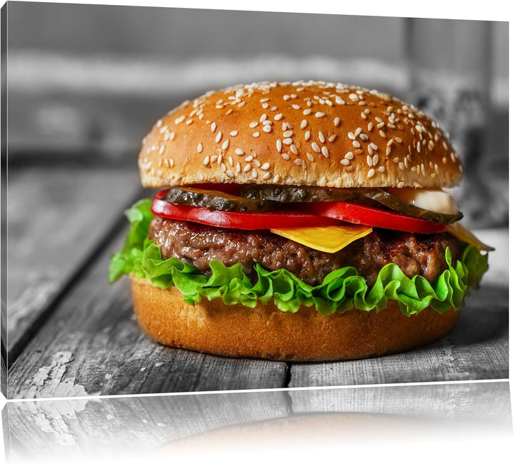 appetitlicher Cheeseburger schwarz/weiss Format: 100x70 auf Leinwand, XXL riesige Bilder fertig gera