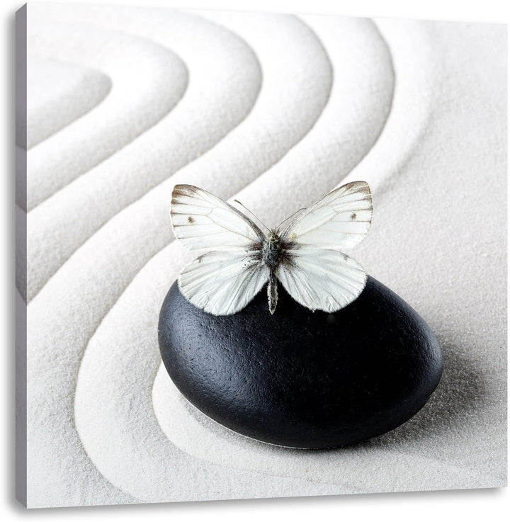 Pixxprint Schmetterling auf Zen Stein im Sand, Format: 70x70 auf Leinwand, 70x70