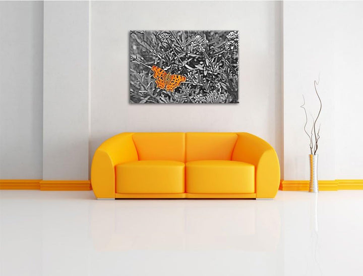 schöner Schmetterling auf Blumenwiese schwarz/weiss Deluxe Format: 100x70 cm auf Leinwand, XXL riesi