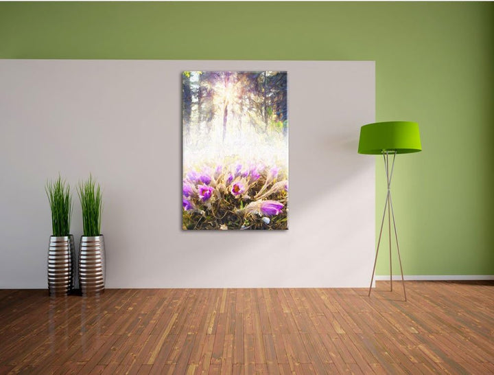 Pixxprint blühende Blumen im Wald / 100x70cm Leinwandbild bespannt auf Holzrahmen/Wandbild Kunstdruc