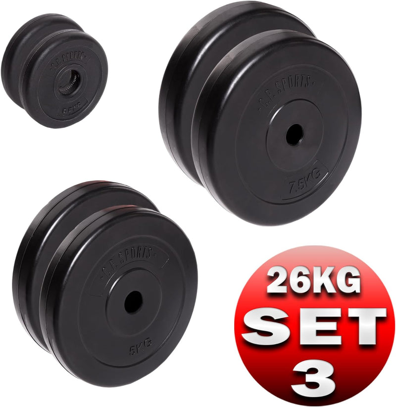 C.P.Sports Hantelscheiben 30mm | Paare 0,5KG bis 20KG oder Sets 26KG / 52KG | Kunststoff mit Zementf