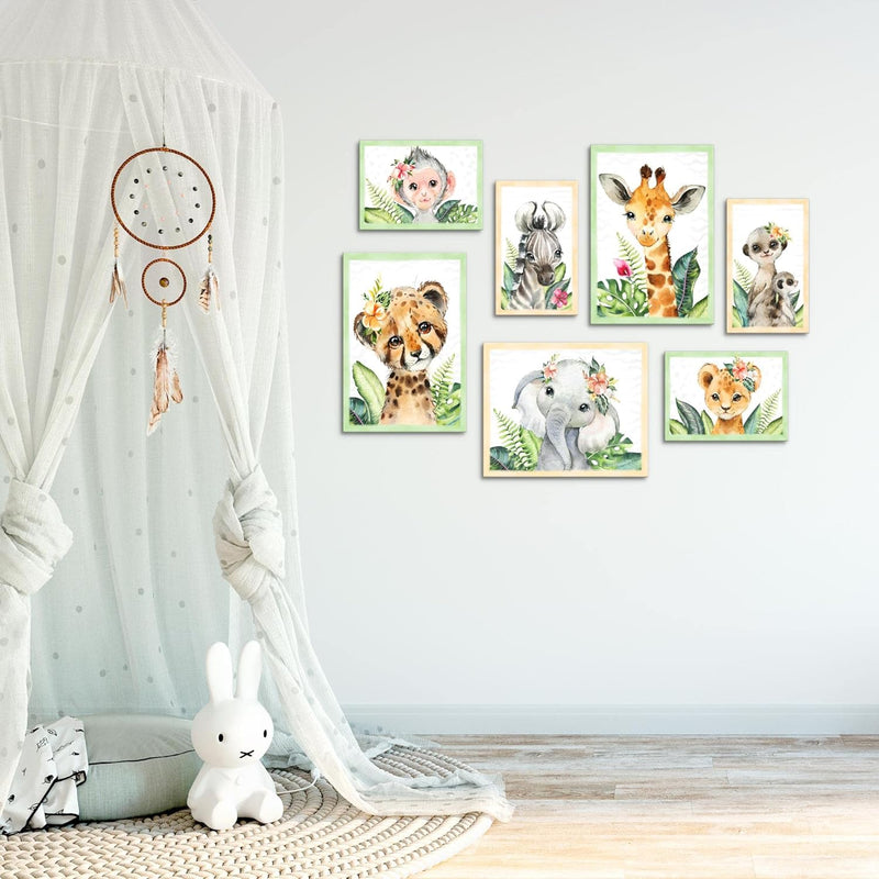 Novart Wandbilder Tiere Afrika - KOMPLETT AUFHÄNGFERTIG - Grau Kinderzimmer Mädchen Junge- 7 Moderne