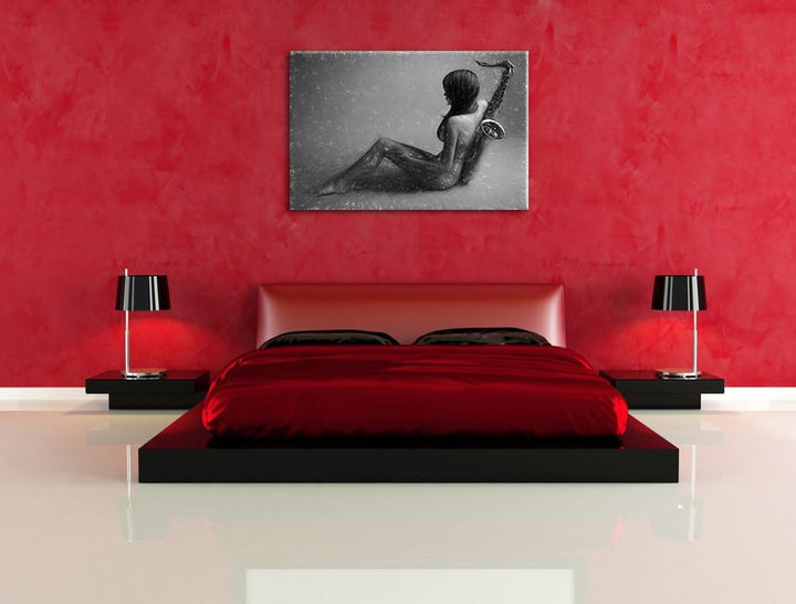 Pixxprint Attraktive Frau mit Saxophone als Leinwandbild/Grösse: 100x70 cm/Wandbild/Kunstdruck/ferti