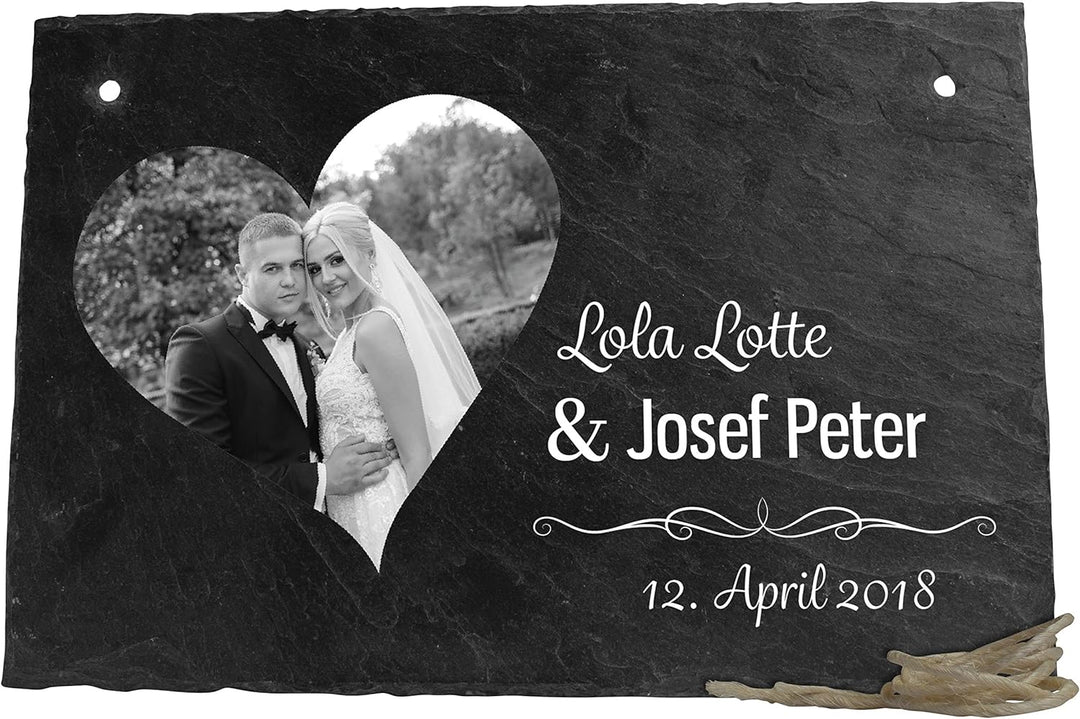 wandmotiv24 Schiefertafel Hochzeit, Aufhängeschild mit Strick, Personalisierbar Digitaldruck Schwarz
