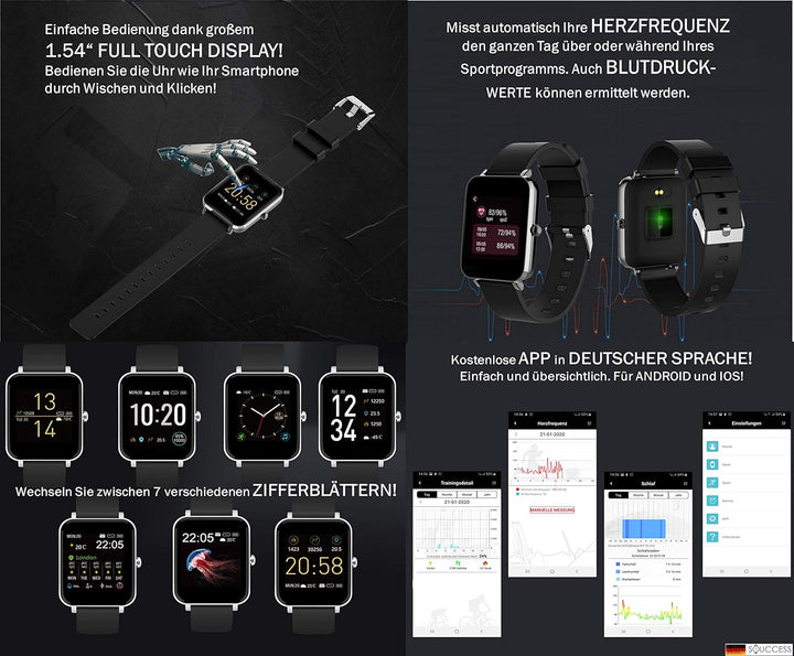 SOUCCESS FITNESSUHR MIT Full Touch Display, SMARTWATCH Always ON Display, FITNESSTRACKER, PULSMESSER