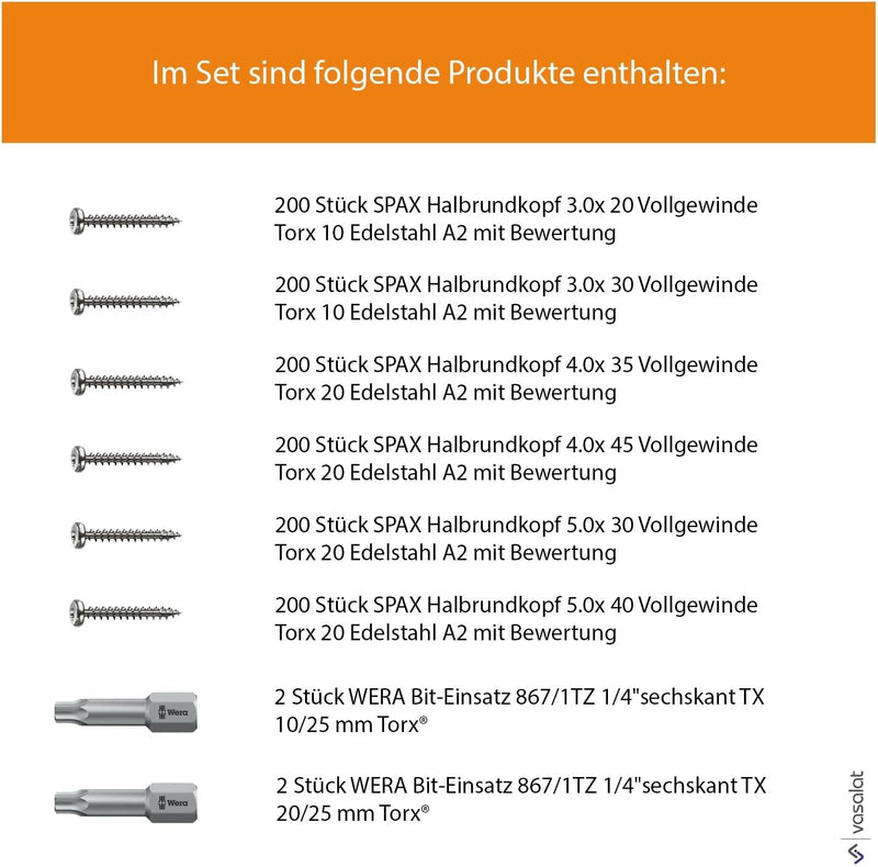 Spax Holzschrauben-SET Vollgewinde + Torx Bit | 6 Grössen: 3x20; 3x30; 4x35; 4x45; 5x30; 5x40 | Edel