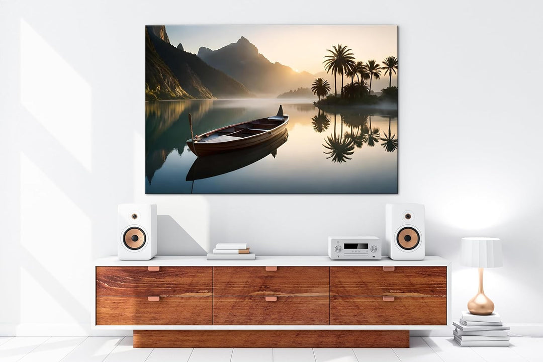 deyoli Palme mit Boot am Strand Format: 80x60 cm als Leinwandbild, Motiv fertig gerahmt auf Echtholz