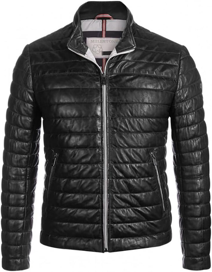 MILESTONE Herren Lederjacke Steppjacke Tereno Schwarz Stehkragen Echtes Leder Gr. 46-62 (56, Schwarz