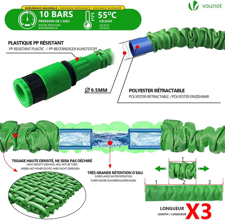VOUNOT Flexibler Gartenschlauch 15 m, Flexibel Wasserschlauch Dehnbarer mit 10 Sprühfunktionen, Schn