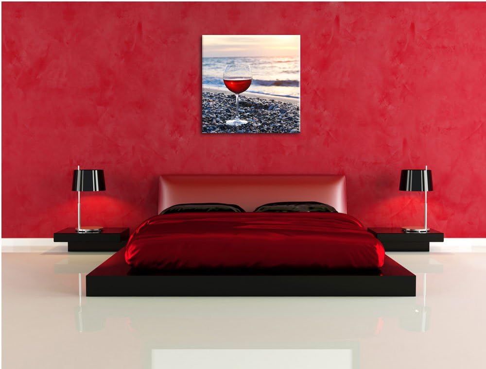 Weinglas am Steinstrand, Format: 70x70 auf Leinwand, XXL riesige Bilder fertig gerahmt mit Keilrahme