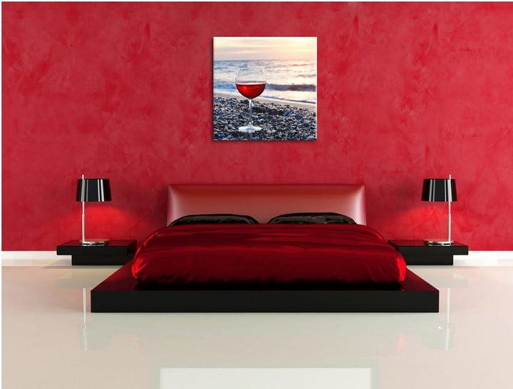 Weinglas am Steinstrand, Format: 70x70 auf Leinwand, XXL riesige Bilder fertig gerahmt mit Keilrahme