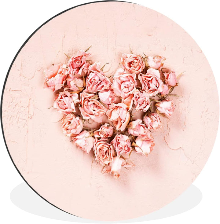MuchoWow Wandbild Rund Wanddeko Deko Wohnzimmer Bilder 60x60 cm Herz - Blumen - Rosa, 60x60 cm