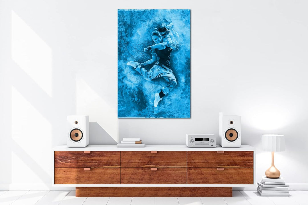 deyoli Illustration springende Frau Format: 80x60 Effekt: Monocrome Blau als Leinwandbild, Motiv fer