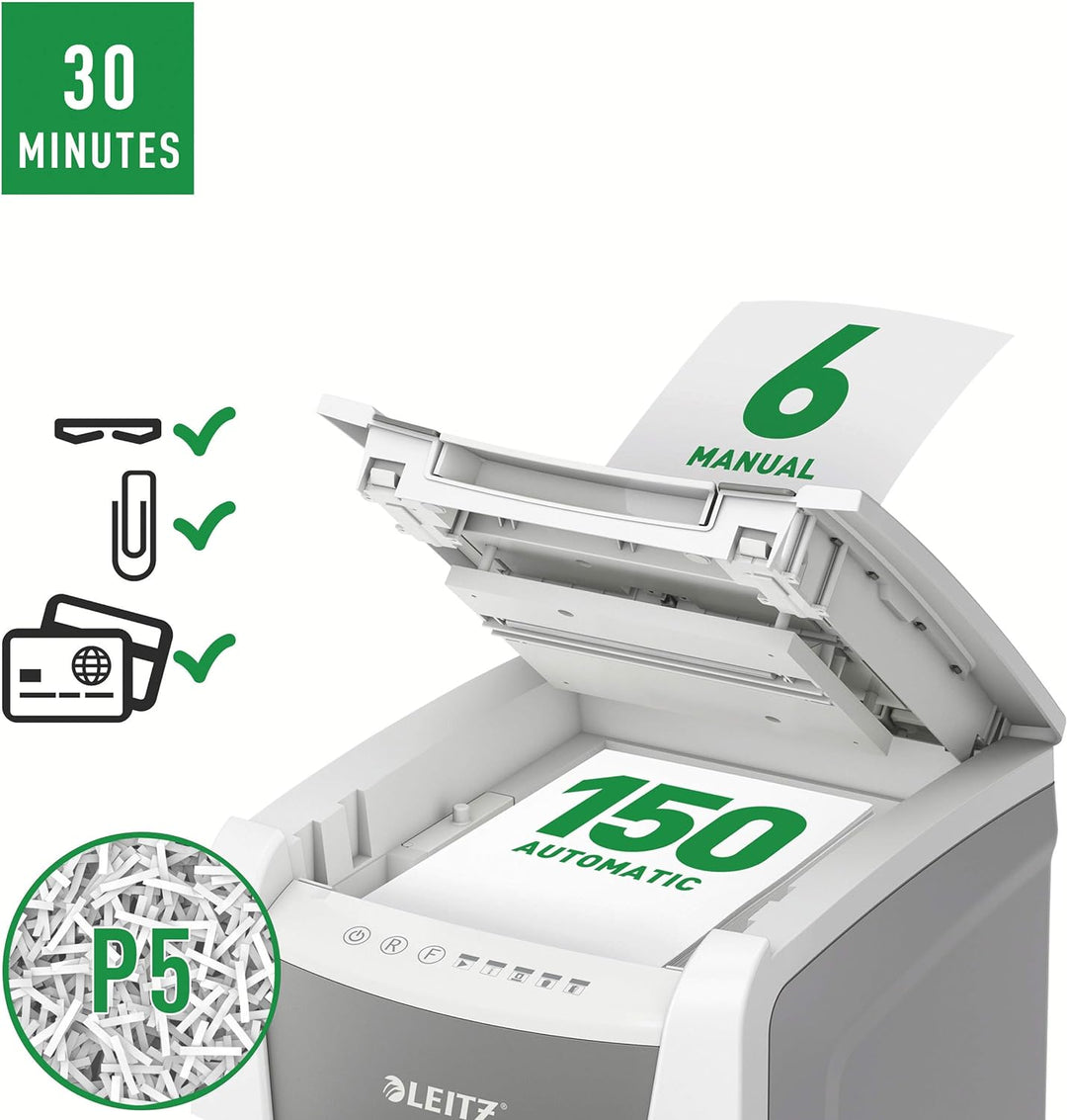 Leitz IQ Autofeed Office Aktenvernichter CH, Mikroschnitt P5, 150 Blatt, 44l-Abfallbehälter, mit Sch