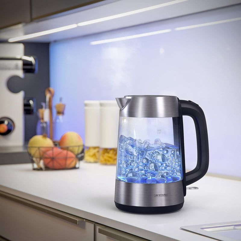 Arendo - Premium Edelstahl Glas Wasserkocher inkl. LED-Innenbeleuchtung - neues Modell Edelstahl obe
