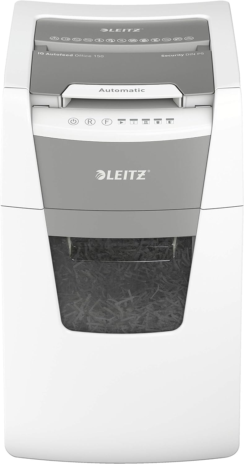 Leitz IQ Autofeed Office Aktenvernichter CH, Mikroschnitt P5, 150 Blatt, 44l-Abfallbehälter, mit Sch