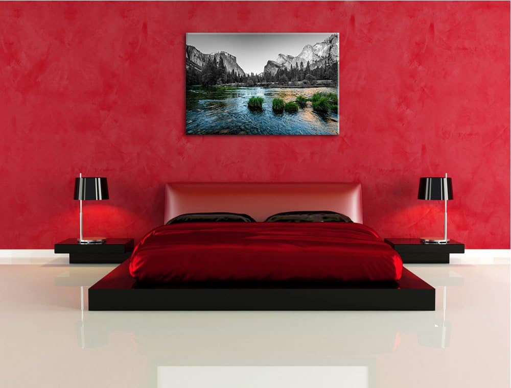 seichter Fluss vor Berglandschaft schwarz/weiss Format: 100x70 auf Leinwand, XXL riesige Bilder fert