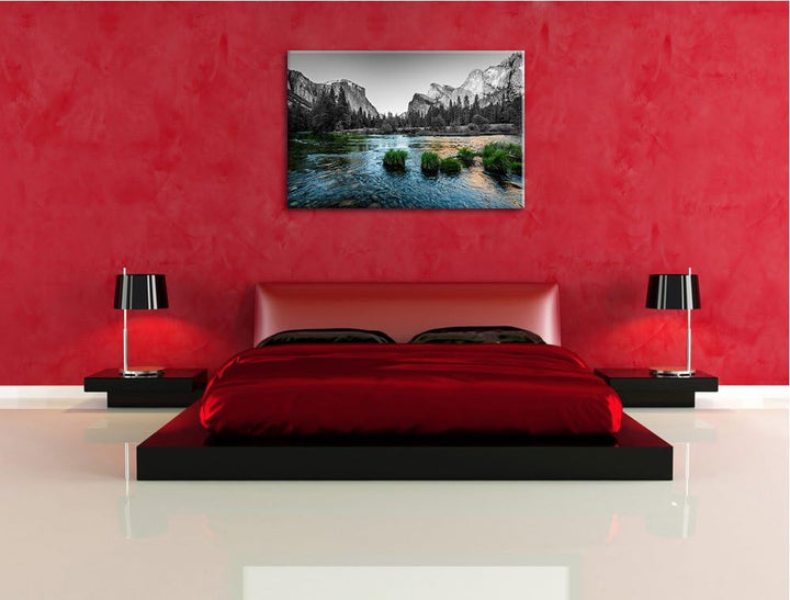 seichter Fluss vor Berglandschaft schwarz/weiss Format: 100x70 auf Leinwand, XXL riesige Bilder fert