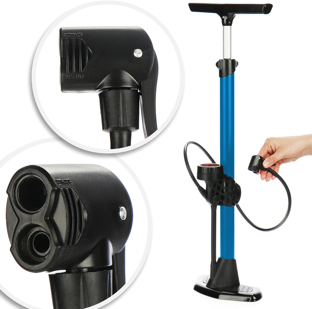 com-four® Fahrradpumpe mit Rahmenhalterung - Luftpumpe mit verschiedenen Adaptern - Ball-Pumpe für F