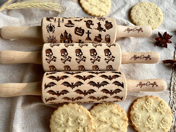 3-er SET Kinder Nudelhölzer HALLOWEEN. Teigrolle für hausgemachtes Gebäck. Halloween Teigrolle. Grav