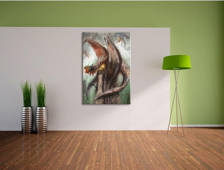 Dragons Pinsel Effekt, Format: 100x70 auf Leinwand, XXL riesige Bilder fertig gerahmt mit Keilrahmen