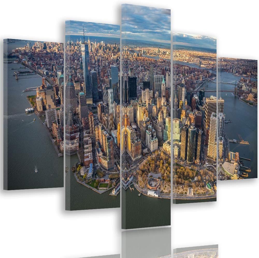Feeby Bild auf Leinwand New York City 5 Teilig Modern Manhattan Stadt bunt 200x100 cm Leinwandbild 2