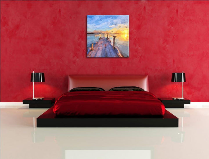 schöner Steg mit Möwen, Format: 70x70 auf Leinwand, XXL riesige Bilder fertig gerahmt mit Keilrahmen