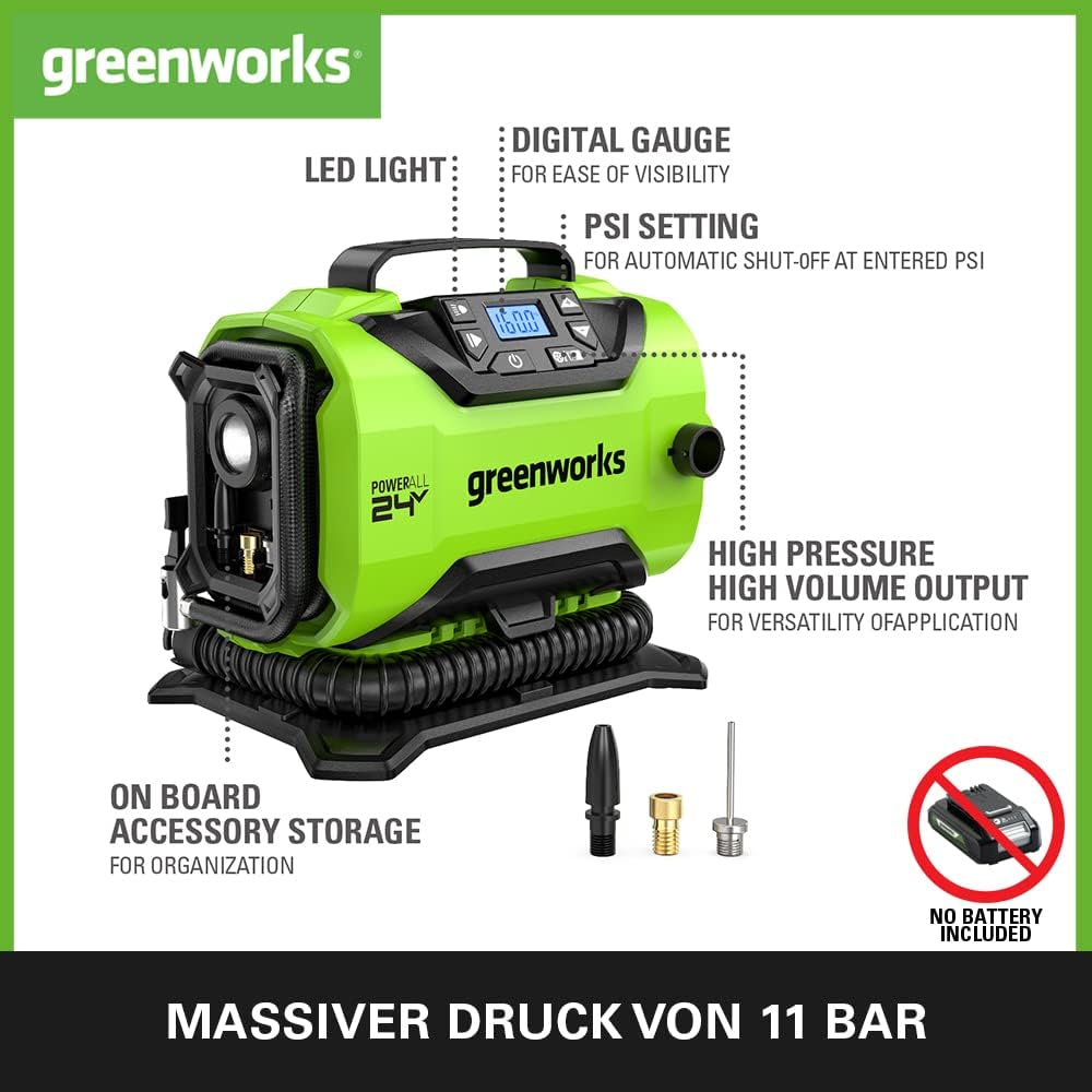 Greenworks G24IN Akku Luftpumpe, 11 Bar, Nieder- oder Hochdruck, automatische Abschaltung mit 3 Adap