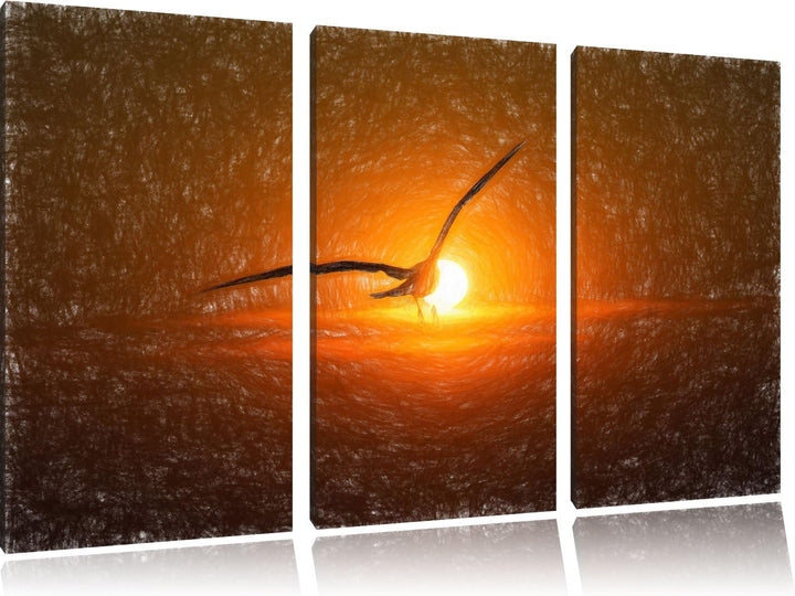 Pixxprint Möwe fliegt in den Sonnenuntergang als Leinwandbild/Grösse: 3 Teilig (120x80) cm/Wandbild/
