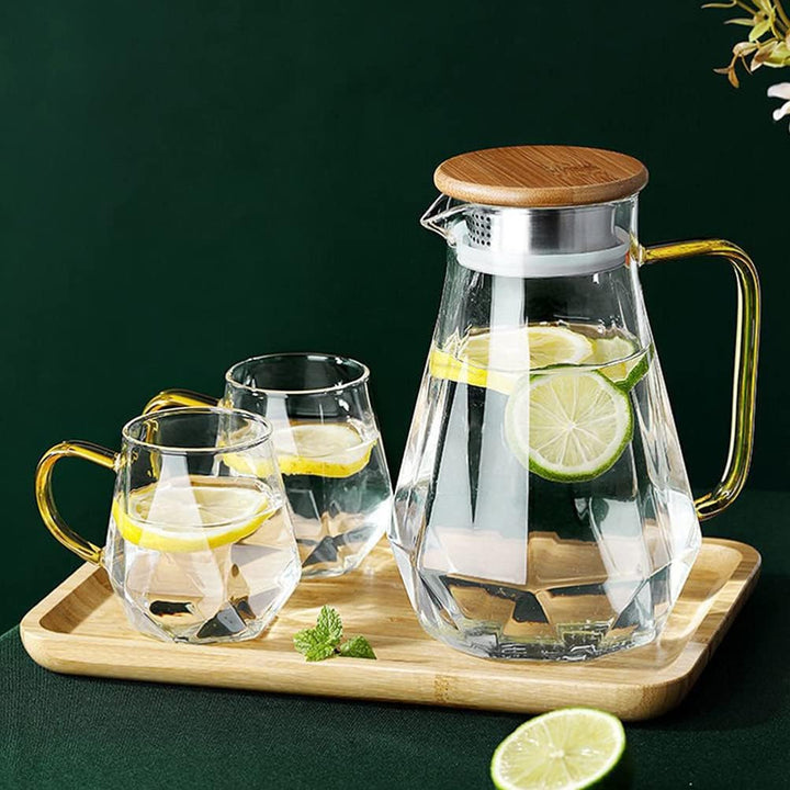 HEMOTON 2. 2L Glaskanne mit Holz Deckel Borosilikatglas Krug Eistee Kanne Glas Saftkrug Glaskrug Was