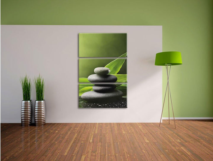 Pixxprint Zen Steine mit Blättern / 3-Teilig/Gesamtmass 120cm Leinwandbild bespannt auf Holzrahmen/W