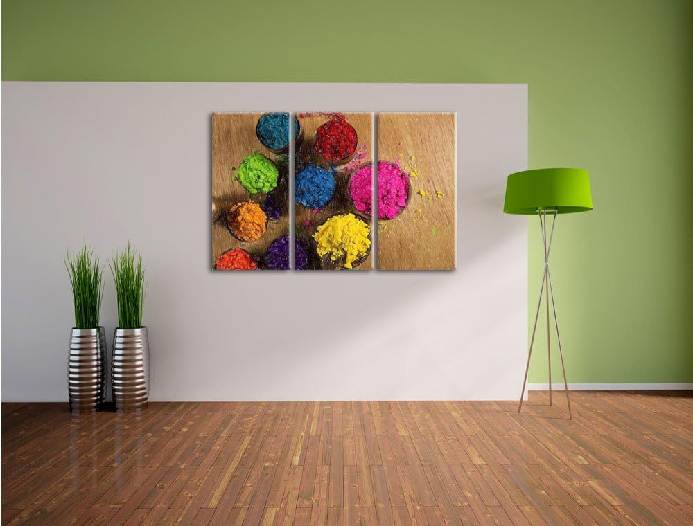 Pixxprint Indisches Farbpulver / 3-Teilig/Gesamtmass 120cm Leinwandbild bespannt auf Holzrahmen/Wand