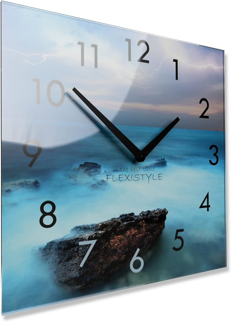 FLEXISTYLE Wanduhr küche Wohnzimmer 30 x 30 cm, aus Glas, mit Direktdruck eckig modern (Ozean), OZEA