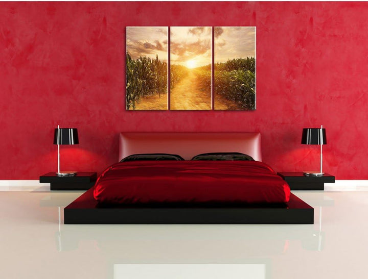 Pixxprint Pfad durch sonniges Feld Kunst Buntstift Effekt 3-Teiler Leinwandbild 120x80 Bild auf Lein
