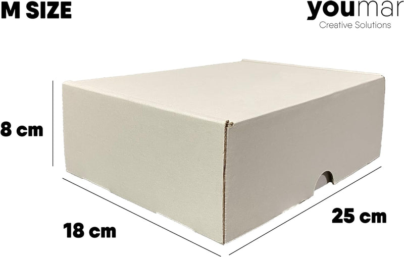 Youmar Solutions – Packung mit 25 Schachteln aus Karton (Grösse M), Weiss M (25x18x8cm), M (25x18x8c