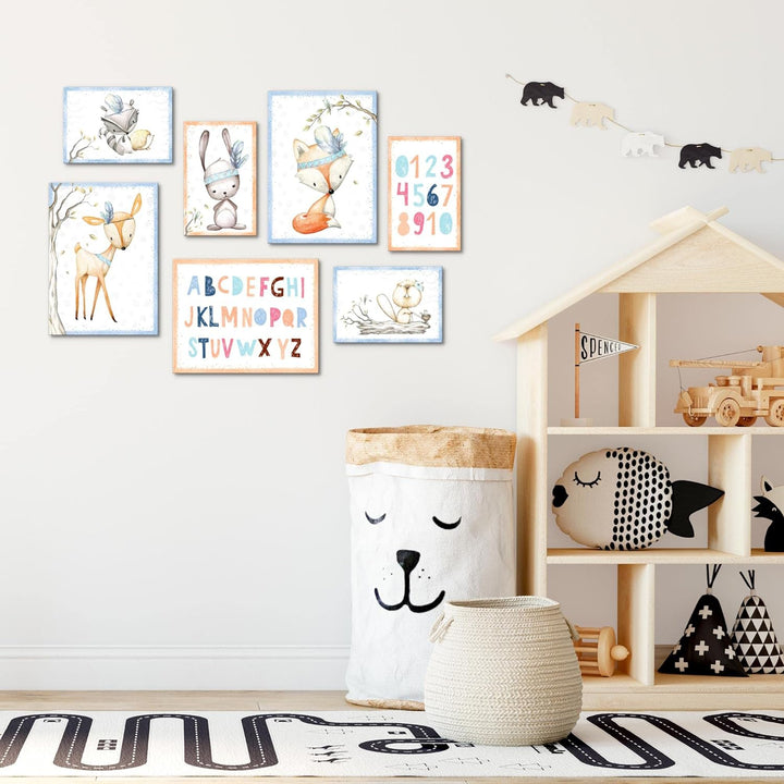 Novart Wandbilder Indianer Tiere - KOMPLETT AUFHÄNGFERTIG - Blau Kinderzimmer Mädchen Junge- 7 Moder