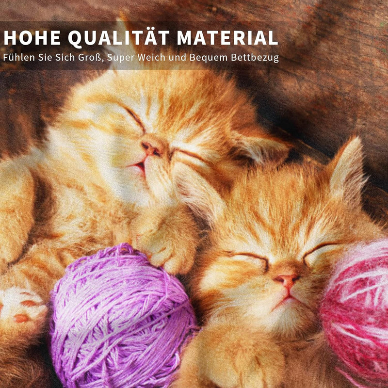 Katze Bettwäsche Set 135 x 200 cm, Tiermotiv, Kinderbettwäsche, Cat Muster Bettbezug 3D Haustier Kat