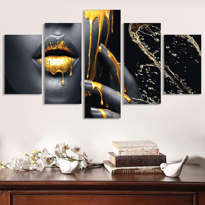 Sexy Lippen Leinwandbild 5 Teilig Wanddeko Bilder,Schwarz Gold Frauen Lippen Leinwand Malerei,Modern